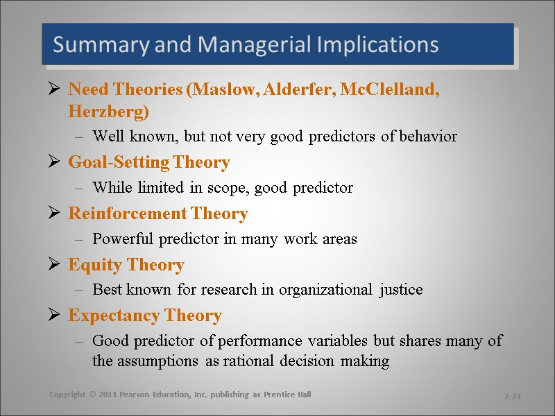 Summary and Managerial Implications Need Theories (Maslow, Alderfer, McClelland, Herzberg) Well known, but not